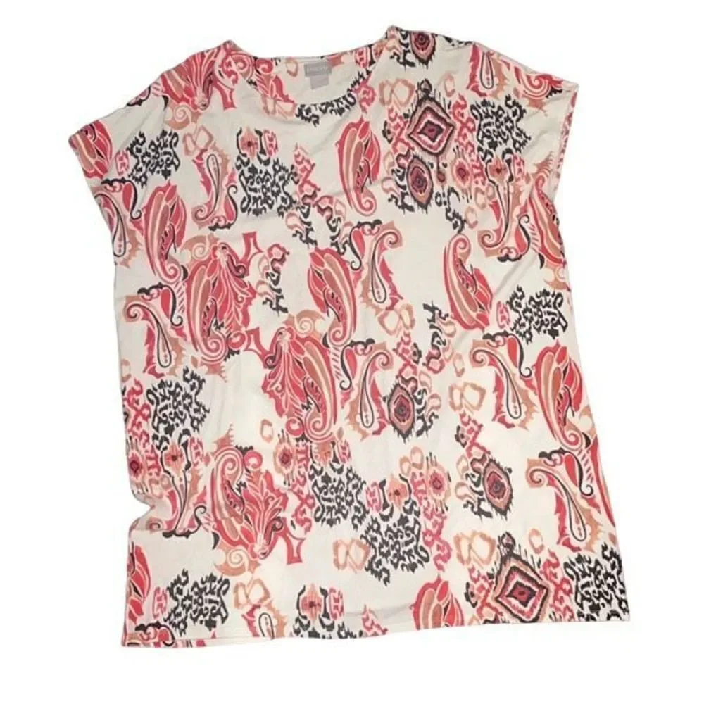 Chicos Women's Rayon Stretch Jersey Cap Sleeve Tunic Blouse White Red Size 2 Med - Picture 2 of 8